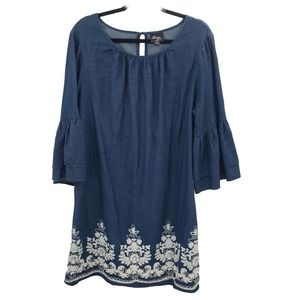 Beige By Eci Denim Shift Dress Womens 16 Blue Chambray Embroidered Flare Sleeve